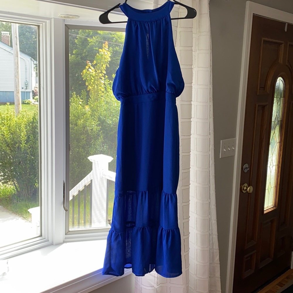 Royal blue lightweight midi wedding guest dress